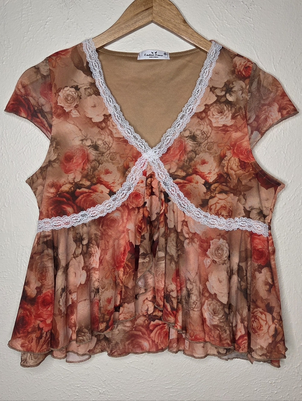 Rebellious Dreamer Sheer Floral Lace Trim Baby Doll Top Fairy Cottagecore Mesh